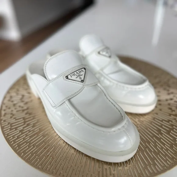 Prada White Leather Mule Loafers - Picture 2 of 6